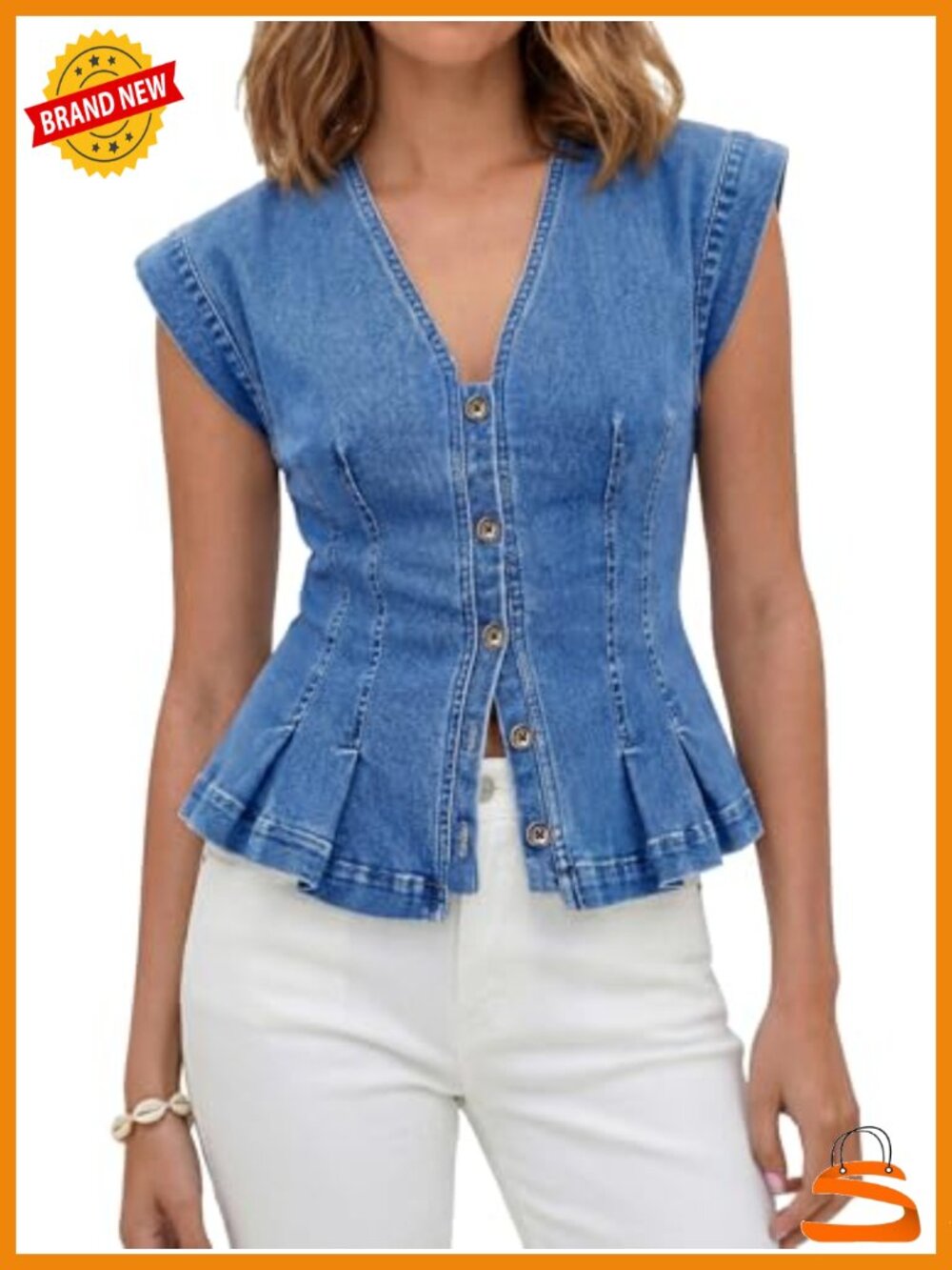 Y2K Women's Denim Vest Top V Neck Button Down Cap Sleeve Pleated Hem Jean Vest